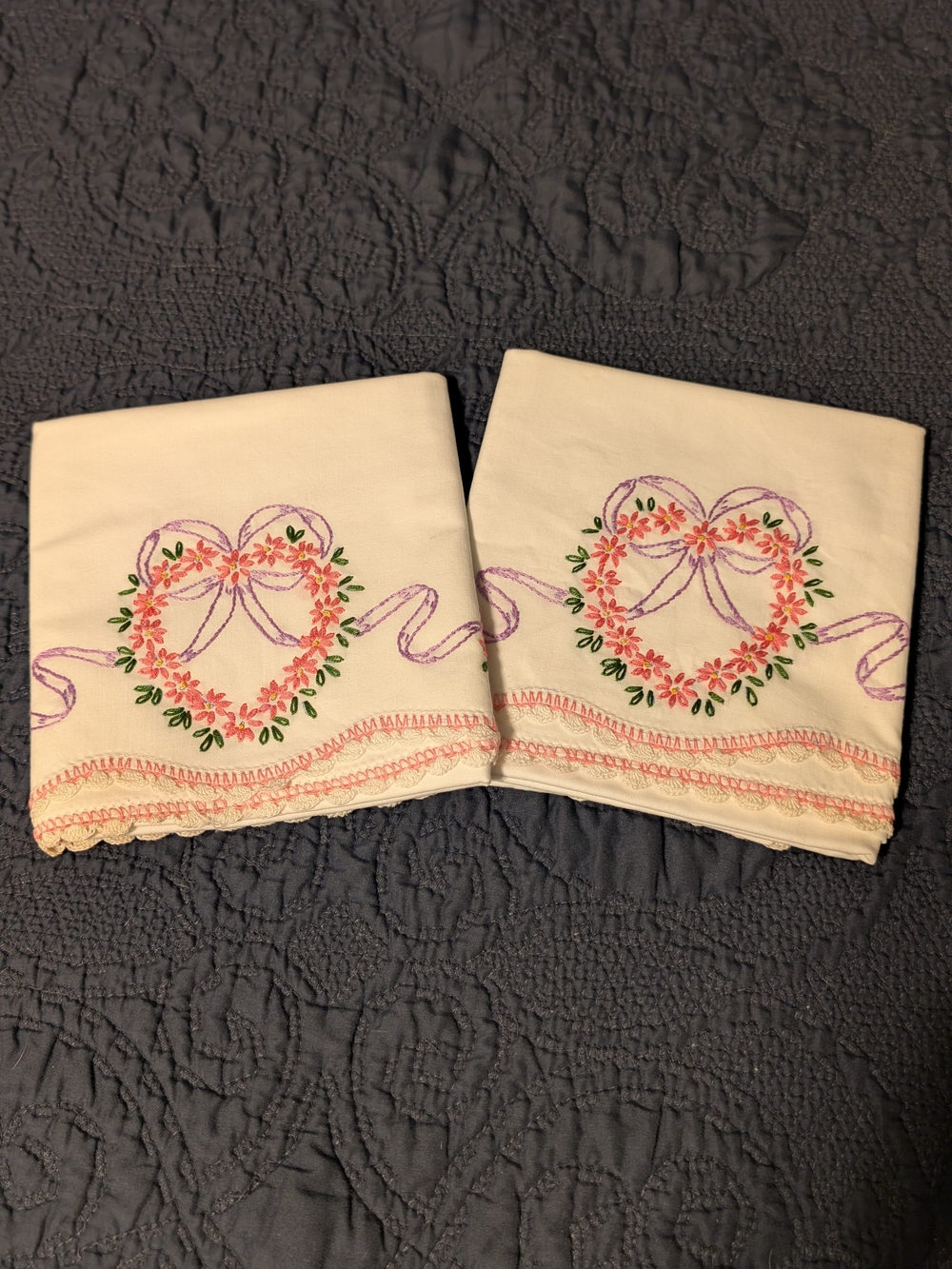 Embroidered Heart Floral Pillowcases - Cream with Pink & Green
